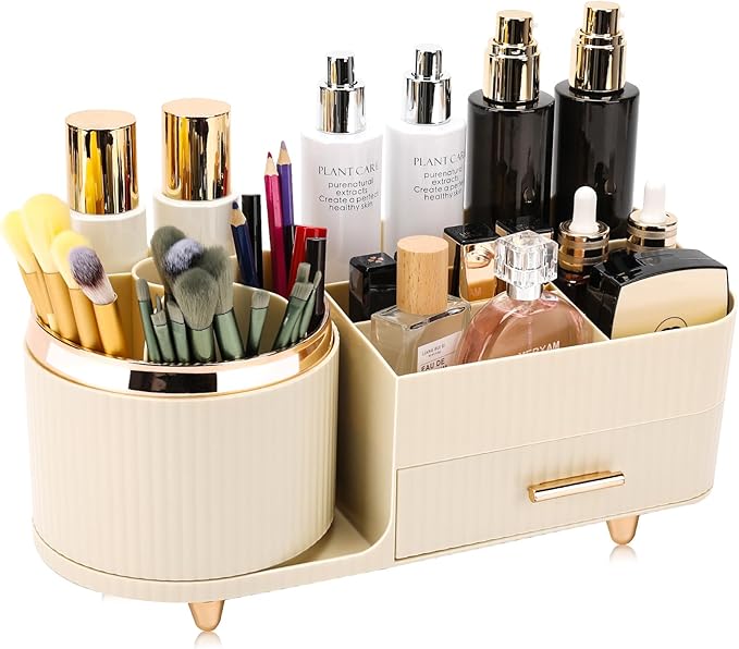 Beborxue 360?? Rotating Makeup Organizer for Vanity with Drawers, Large Capacity Cosmetic Display Case, skincare organizer, Cosmetic Organizer for Lipstick, Skincare, Brushes, Eyeshadow, (Rice White)