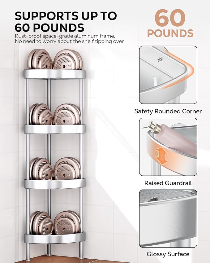 Nieifi Corner Shower Caddy Stand-4 Tier Rustproof Anodized Aluminum Standing Shower Organizer-Shower Caddy Corner-Dual Stability to Anti-Shaking-Height-Adjustable Legs for Uneven Surfaces-Silver