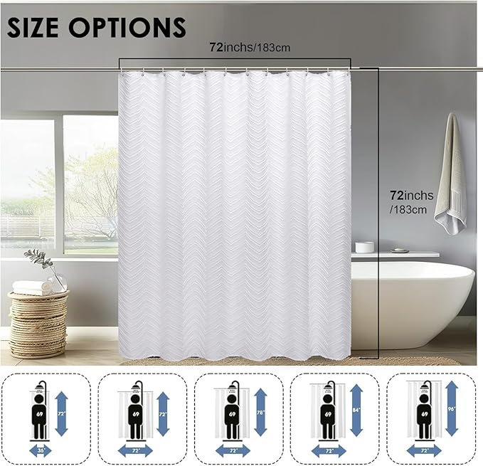 OVZME White Boho Fabric Shower Curtain 72 Inch Length, Tufted Chevron Striped Minimalist Premium Thick Cloth Bathroom Shower Curtain, Modern Hotel Textured Bathroom Decor, 72Wx72L Inches