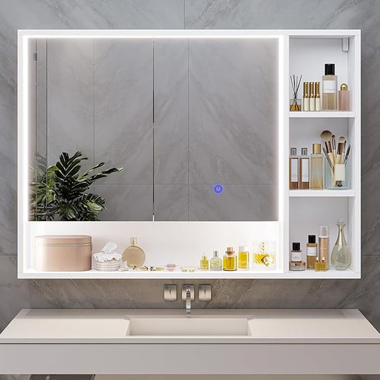 Hasuit Lighted Medicine Cabinet with Mirror and Shelves, Modern Bathroom Medicine Cabinet with Open Storage, Aluminum Channel LED Lights, 39.4'' x 30.7'', White