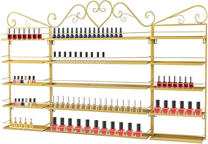 Wall-Mounted Nail Polish Rack, Set of 3 Rectangular Gold Nail Polish Shelf Lipstick Perfume Cosmetic Display Shelf for Home Spa Nail Salon Shop