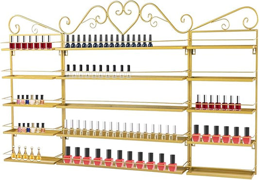 Wall-Mounted Nail Polish Rack, Set of 3 Rectangular Gold Nail Polish Shelf Lipstick Perfume Cosmetic Display Shelf for Home Spa Nail Salon Shop