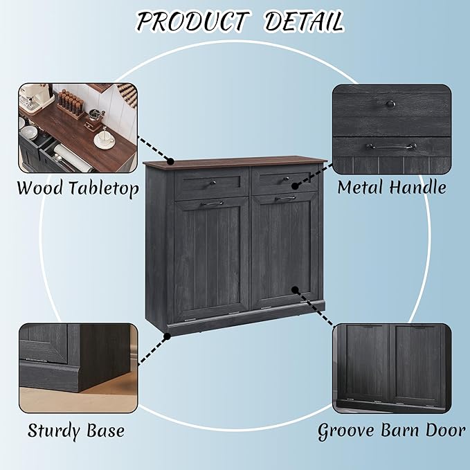 IFBUY Double Tilt Out Laundry Hamper Cabinet, 20 Gallon Farmhouse Trash Can Cabinet with Drawer, Hidden Wood Garbage Can Bin Cabinet with Laundry Storage Basket for Bathroom, Kitchen, Dark Grey