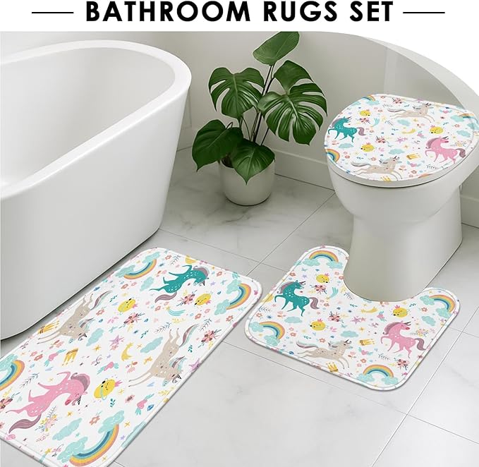 Britimes 4 Piece Shower Curtain Sets, with 12 Hooks, Unicorns Animal with Non-Slip Rugs, Toilet Lid Cover and Bath Mat for Bathroom Decor Set, 72" x 72"