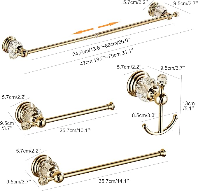 Crystal Bathroom Hardware Set,Adjustable Towel Rack, Toilet Roll Paper Holder,Hand Towel Holder,Hook,Gold Bathroom Accessories Set Wall Mounted (Bright Gold)