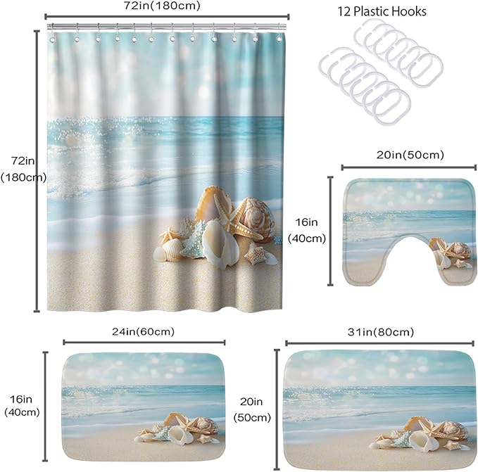 Beach Modern Ocean Coastal Bathroom Sets with Starfish Funky Shower Curtain and 20 x 31 Rugs Bathroom Accessories Sets Decor with Bath Rug, Bath Mat, U-Shaped Contour and Hooks 72 x 72 Inch