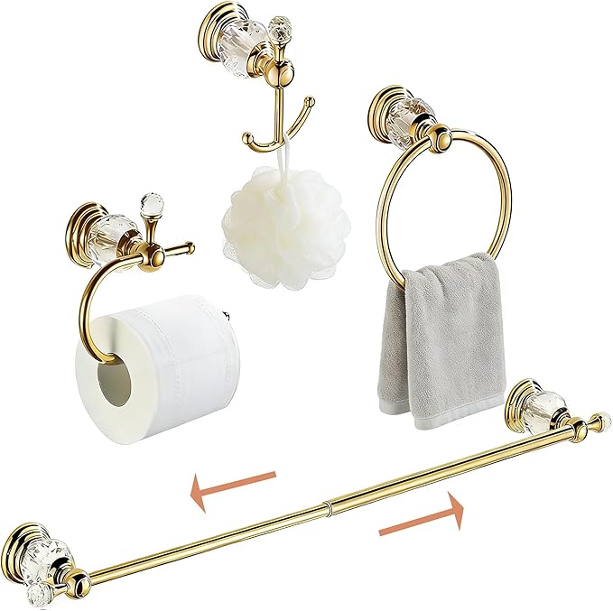 Gold Bathroom Accessories,Crystal Towel Bar Set Adjustable,Polished Brass Toilet Paper Holder Towel Ring Robe Hooks Bathroom Hardware 4 Pieces Wall Mounted