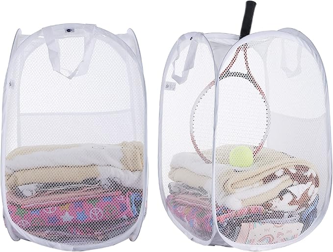 SPINFOX Pop Up Collapsible Laundry Baskets, 2 Pack Foldable Mesh Popup Laundry Hamper with Reinforced Carry Handles, Mesh Laundry Basket for Kids Room College Dorm or Travel(White)