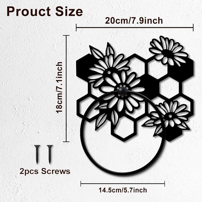 MAYJOYDIY Beehive Flowers Metal Towel Ring Honeycomb Towel Holder for Wall Flowers Leaves Plants Black Art Towel Rack Wall Mounted for Bathroom Garden Kitchen Home Decors Gift