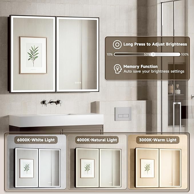 40X32 Inches Framed Medicine Cabinet with Lights, Bathroom Medicine Cabinet with 3-Color/Dimmable, Anti-Fog, Plug-in & Hardwired, Surface Mount & Recessed