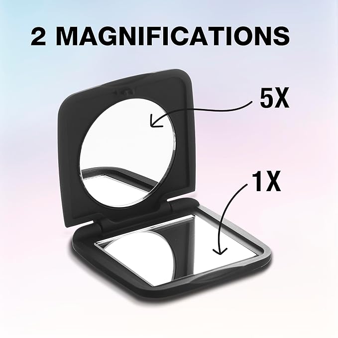 Conair Pocket Mirror for Women or Men, Small Compact Mirror for Purses or Toiletry Bags, Travel Magnifying Makeup Mirror with 1x/5x Magnification in Black