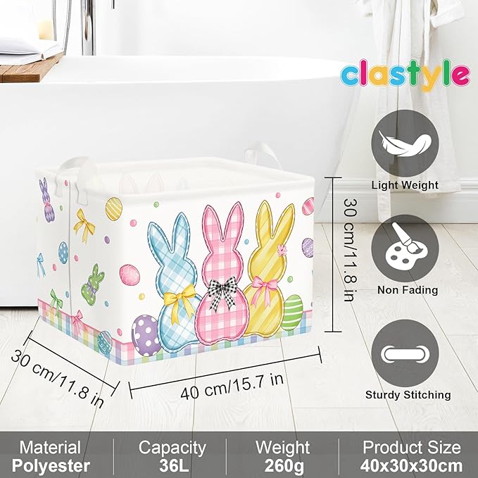 Clastyle Easter Rabbit Cross Kid Storage Basket Baby Laundry Hamper Boy Girl Gift Toy Box Collapsible Egg Clothes Organizer Nursery Bin for Bedroom,Bunny,40x30x30 cm