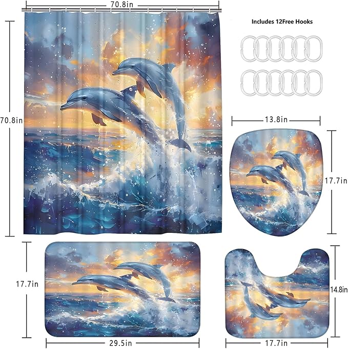 Yizheer 4Pcs Dolphin Shower Curtain Sets,Ocean Scenery Marine Life Sunset Theme Bathroom Curtain with Rugs, Toilet Lid Cover and Bath Mat