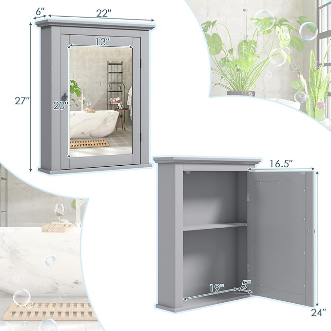 COSTWAY Bathroom Medicine Cabinet with Mirror, Wall-Mounted Storage Cabinet Organizer with 5-Position Adjustable Shelf, Hanging Bathroom Wall Cabinet for Living Room Bedroom Entryway (Grey)