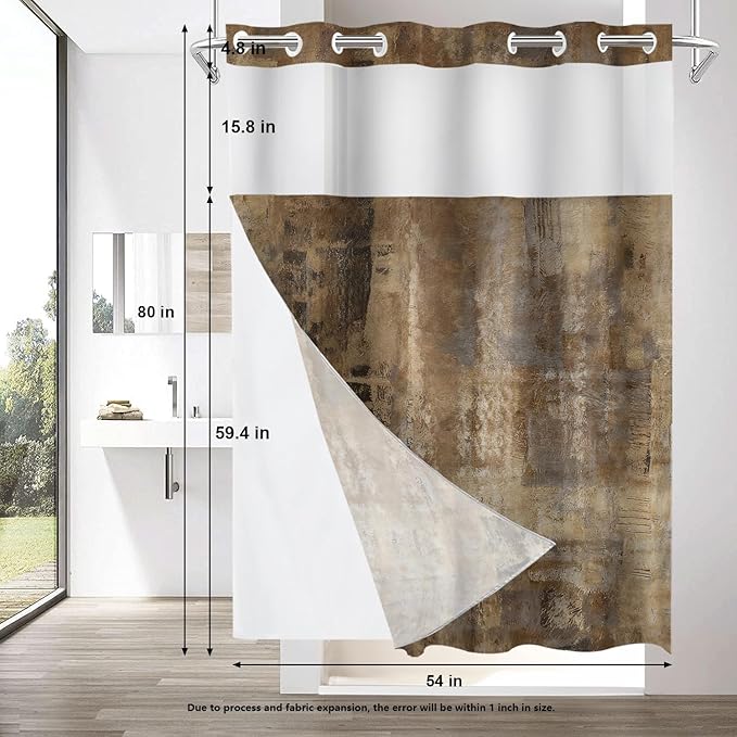 Shrahala Brown Abstract Art No Hooks Shower Curtain with Snap in Liner Set, Grey Acrylic Bathroom Décor Polyester Fiber Waterproof for Stall Bathtubs 54 X 80 in