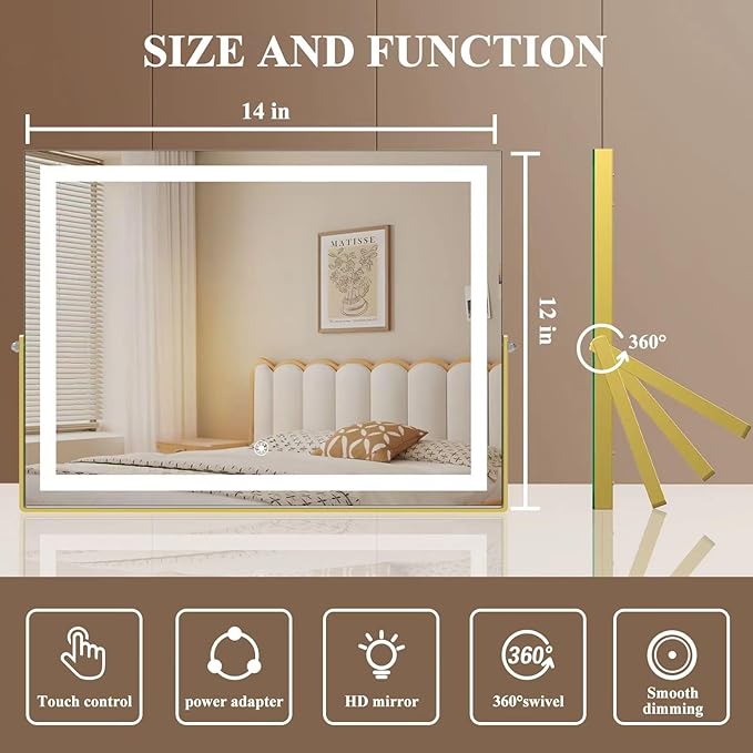 Gvnkvn Ligheted Vanity Mirror with Lights, 14" x 12" LED Makeup Mirror, Hollywood Mirror,3 Modes Light, Smart Touch Control Dimmable, 360°Rotation, Rectangle Gold Frame