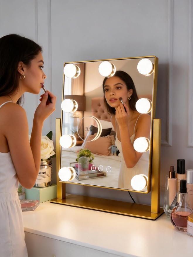 Makeup Vanity Mirror with Lights LED Makeup Mirror Detachable 10X Magnification, Hollywood Make Up Mirror with Lighting, Smart Touch, Rechargeable,360° Rotation, Gold 13.77"x 11.81"