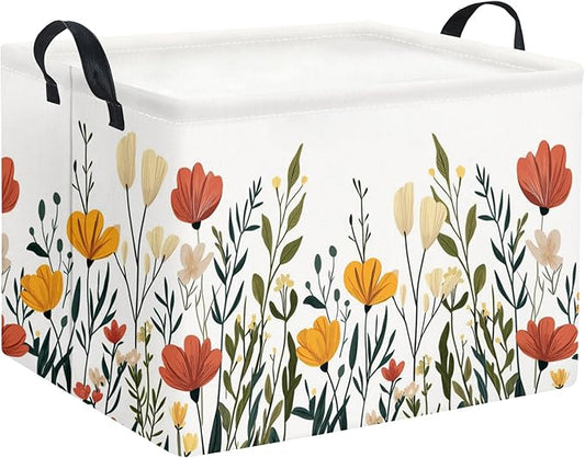 Rectangular Baby Kids Storage Basket for Home Kitchen Girls Cute Toy Storage Bin Organizer Shelf Book Room Decor(Fall Flower)