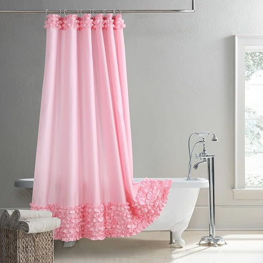 Ruffled Pink Modern Polyester Fabric Shower Curtain,Solid Waterproof Decoratived Farmhouse Shower Curtains for Bathroom,Small 54" W x 72" L
