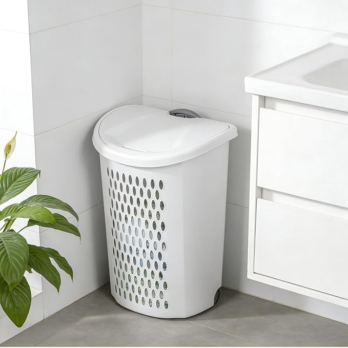 （1Pack)2-Bushel Plastic Laundry Basket on Wheels, Rolling Laundry Hamper with Wheels and Lid, Heavy-Duty Wheeled Hamper with Retractable Handle for Apartment & Dorm Room, White