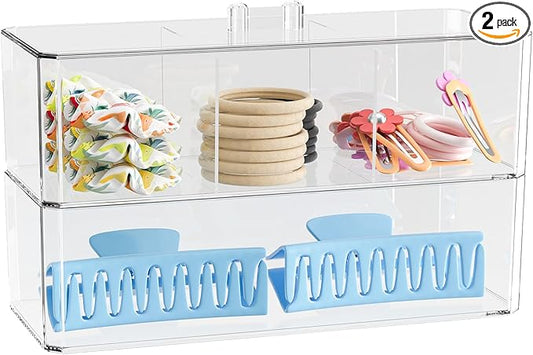 Hair Accessories Organizer for Girls, Clear Hair Bow Tie Clip Scrunchie Holder Organizer with Removable Divider, Cute Small Stackable Storage Drawer Container Caddy Box, Women Vanity Accessories, 2Pcs