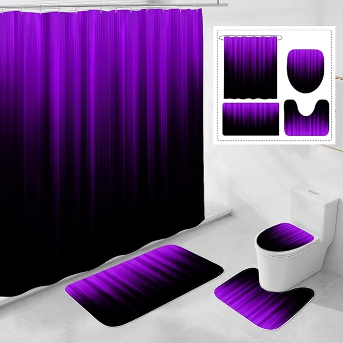 Litabel 4 Pcs Purple and Black Gradient Shower Curtain Set with Rugs and Toilet Lid Cover, Modern Simple Waterproof Fabric Bathroom Set, Ombre Stripe Gothic Abstract Bathroom Decor Set Accessories