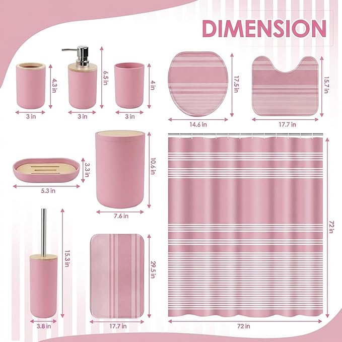 Pink Bathroom Decor and Accessories Set, Striped Shower Curtain and Rug Set with Trash Can, Soap Dispenser, Soap Dish, Toothbrush Holder, Toothbrush Cup, Toilet Brush