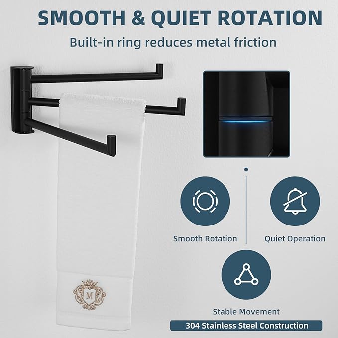Aomasi Matte Black Swivel Towel Bar, 304 Stainless Steel Rotating Towel Rack with 3 Arms, Space Saving Wall Mounted Hanger for Bathroom, Kitchen, RV, Laundry Room