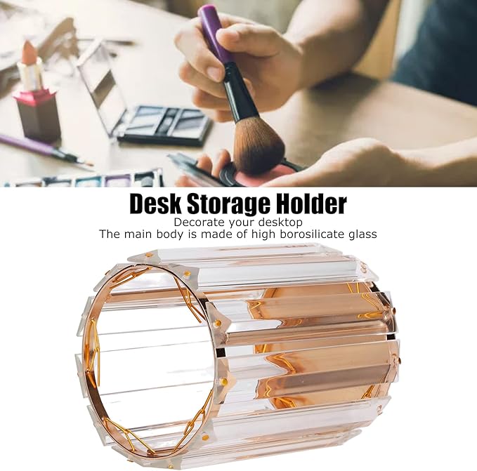 CDQL Cosmetic Brush Holder, Transparent Glass, Round Decorative Box, Pen Storage Organizer, Desktop Makeup Brush Container for Vanity (Gold)