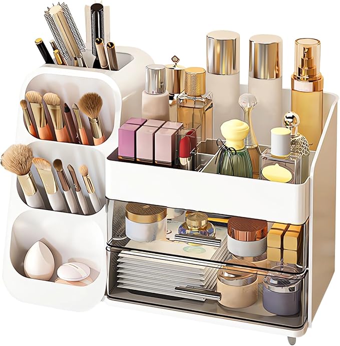 DASITON Makeup Organizer with Brush Holder for Vanity, Bathroom Countertop Organizer with 2 Drawers, Large skincare storage organizers for perfume, lipstick, Nail Polishes and Beauty Essential (White)