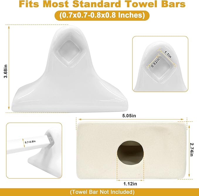 2 Packs White Ceramic Porcelain Towel Bar Brackets - Vintage Retro Mid Century Modern Wall/Tile Mount Flat Back Towel Rack Post Holder Set for Bathroom Kitchen Accessories | Rod Not Included