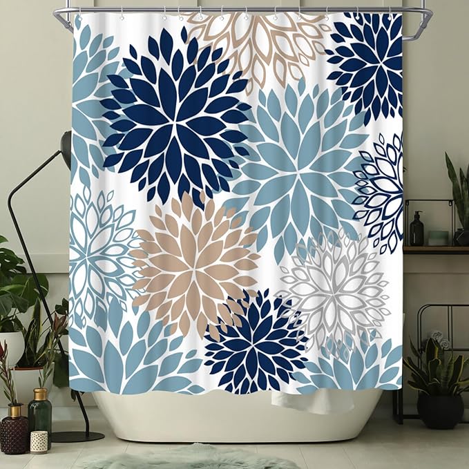 WELMECO Blue Shower Curtain Dahlia Flower Print Polyester Shower Curtain Bathroom Decor, 72x72inch (deep Blue,tan,Grey,White)