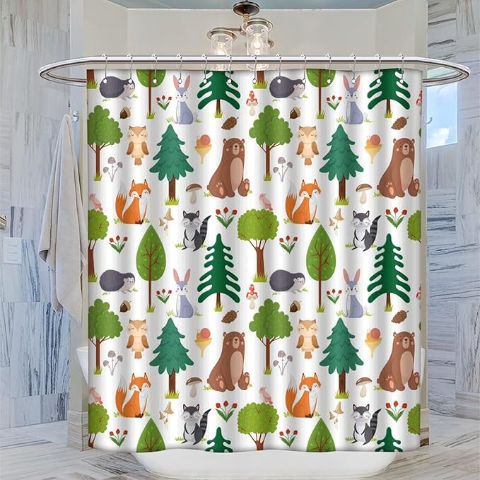 Kids Baby Woodland Shower Curtain Animals Cartoon Girls Children's Cute Cartoon Funny Colorful Weeds Plants Fox Waterproof Fabric Bathroom Decor 72x72 Inches(183x183cm), Style-12