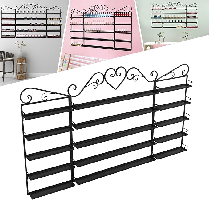 5-Tier Wall-Mounted Nail Polish Storage Racks Set of 3, Metal Cosmetic Display Case with Lipstick Perfume Shelf, Essential Oil Organizer for Home Spa Nail Salon Shop(Black)