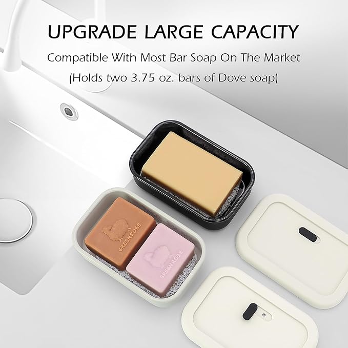 AIDIMMING Large Leak Proof Travel Soap Case, Silicone Bar Soap Holder for Traveling, Portable Soap Container with Draining Layer (Offwhite&Bla