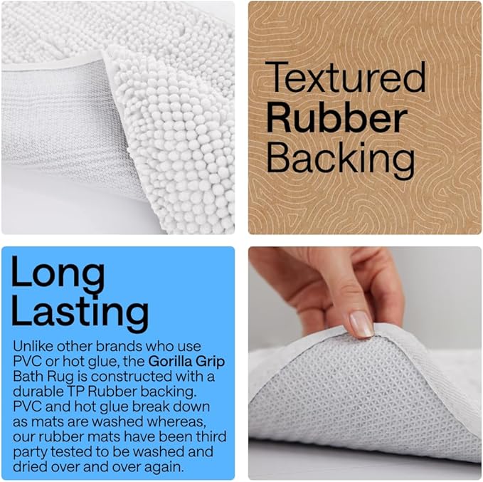 GORILLA GRIP Bath Rug Mat 44x26, Thick Soft Absorbent Chenille, Quick Dry Microfiber Mats, Rubber Backing Washable Shower Floor Rugs, Bathmat Runner, US Designed Bathroom Home Decor Accessories White