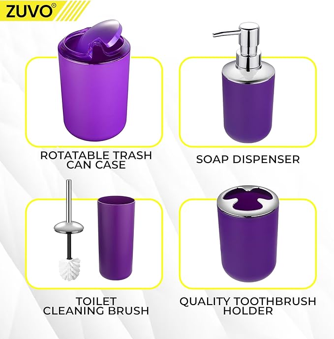 Bathroom Accessories Set 6 Piece -(Trashcan, Soap Dispenser, Toothbrush Holder, Soap Dish,Toilet Brush) for Decorative Countertop and Housewarming Gift (Purple)