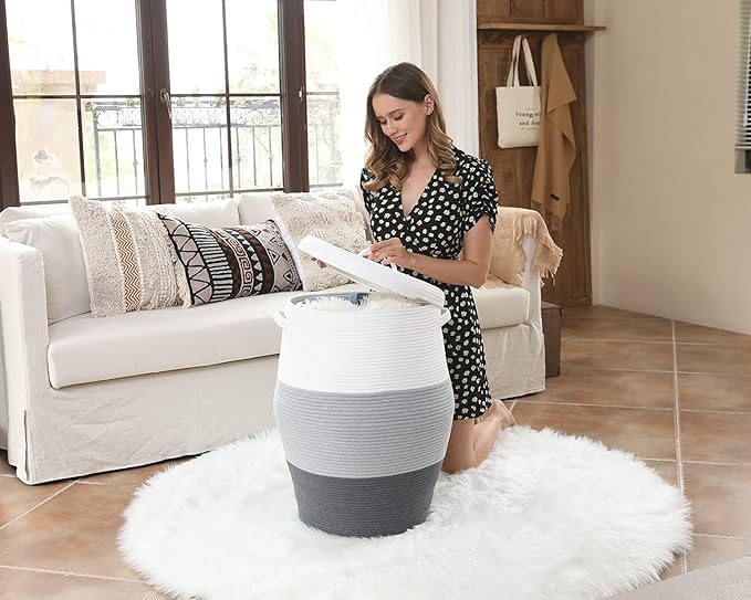 26" x 20" Handcrafted Tall Cotton Rope Basket with Lid, Stylish Flagon Shape with Cover, Clothes Hamper with Top, for Bedroom and Living Room, Grey/Dark Grey