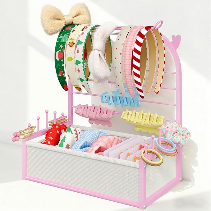 Hair Accessories Organizer for Girls, Headband Holder Stand with Storage Base, Deer Antler Display for Headbands, Scrunchies, Bows & Clips, Cute Vanity Organizer, Pink