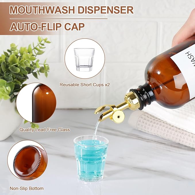 Mouthwash Dispenser for Bathroom, Glass Mouthwash Dispenser with Cup, Mouth Wash Container Bottle with Cup, Refillable Mouthwash Decanter, Amber, 2 Pack, 17oz