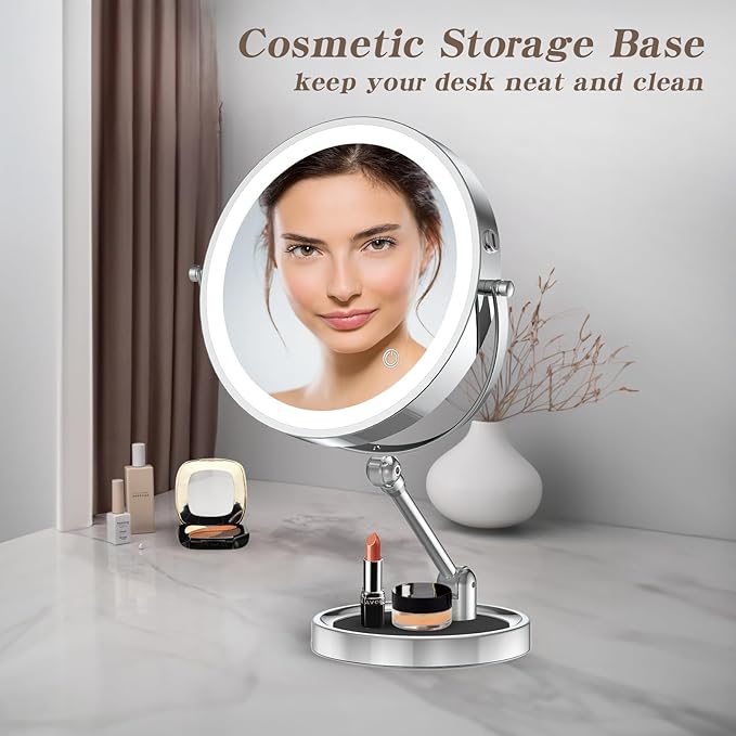 Rocollos 9" Large Lighted Makeup Mirror with 1X/10X Magnification, 4000mAh Rechargeable Vanity Mirror with Height Adjustable & 3 Color Dimmable Lights (9 Inch Chrome)