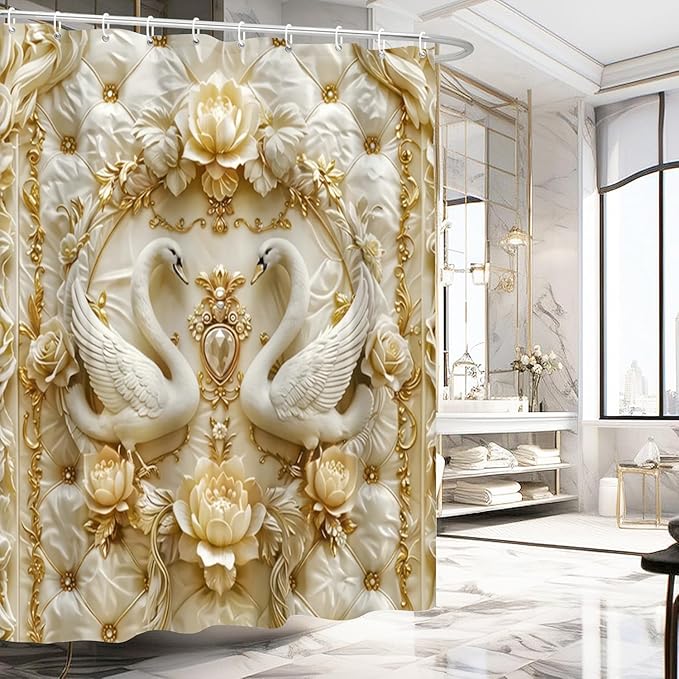 NBVKO 4Pcs Luxury Swan Reliefs Printed Shower Curtain Set with 12 Hooks Non-Slip Rugs,Toilet Lid Cover and Bath Mat, Stylish Bathroom Decor for Hotel & Home Bathroom