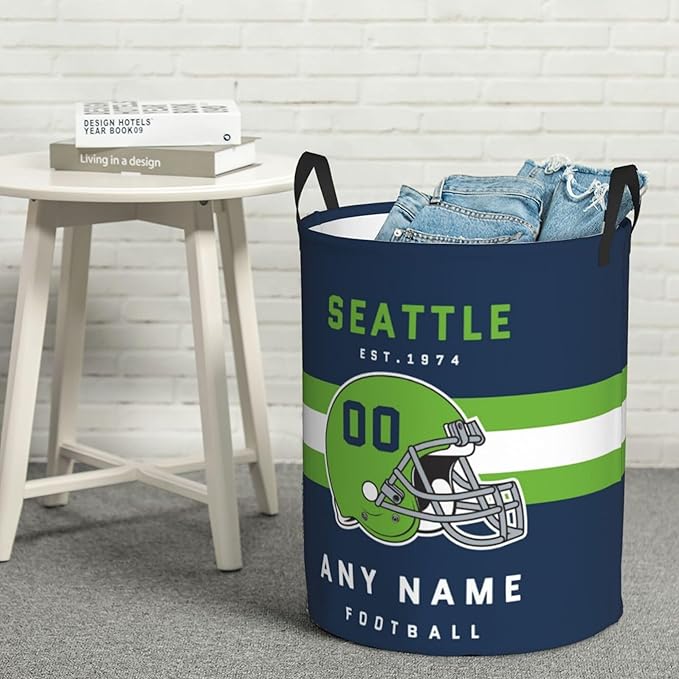 Custom Seattle Laundry Hamper - Personalized Football Style Laundry Basket - Customized Name and Number - Dirty Clothes Hamper Waterproof Large Capacity Hamper for Bedroom Bathroom Living Room