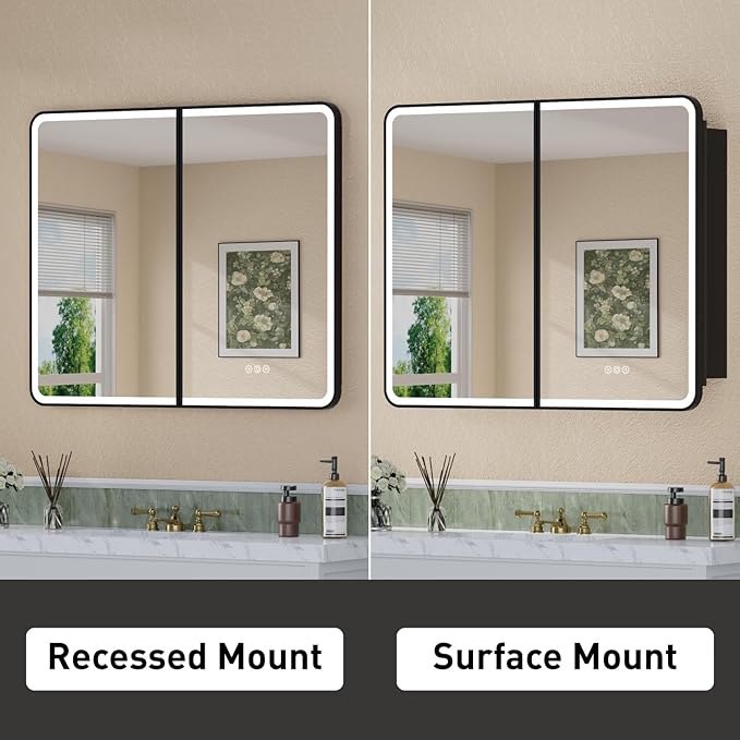 36 x 30 Inch LED Medicine Cabinet with Mirror, UL Certified Dimmable Lighted Bathroom Mirror Cabinet, Anti-Fog & Memory Function, 3 Color Modes, Recessed or Wall Mounted, Adjustable Shelf, Black