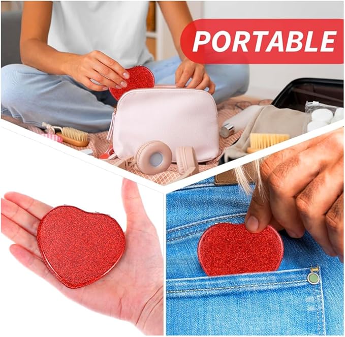 Red Heart Shaped Compact Mirror for Purse,1x/2x Magnification Cute Travel Mirror with Glitter,2.76 inch Double-Sided Mini Folding Mirror,Small Pocket Mirror for Gift,Travel Essentials