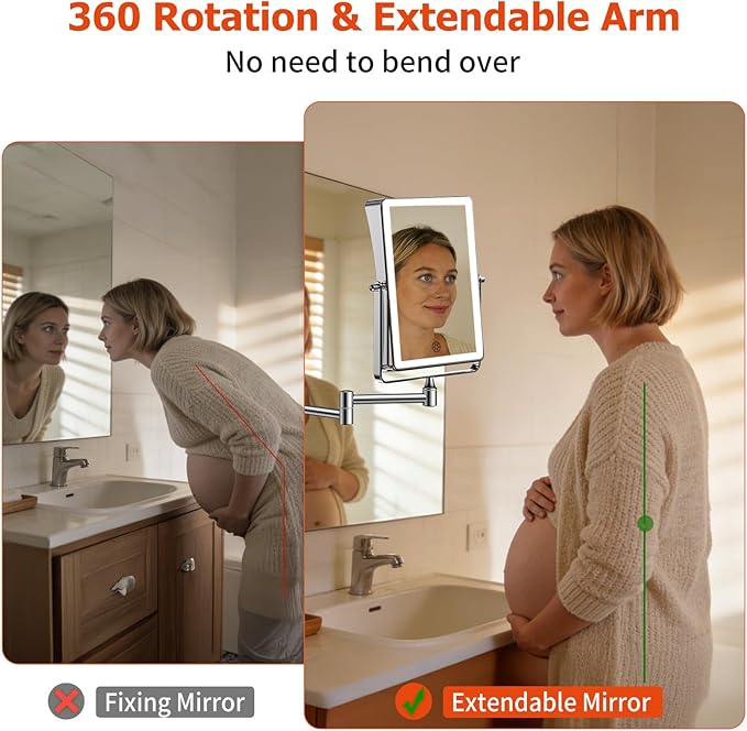 FUNTOUCH 5000mAh Rechargeable Wall Mounted Makeup Mirror with Lights, 8.7" Double Sided 1X/30X Magnifying Mirror with Dimmable 3 Color Light, Extended Swing Arm 360° Wall Mount Bathroom Vanity Mirror