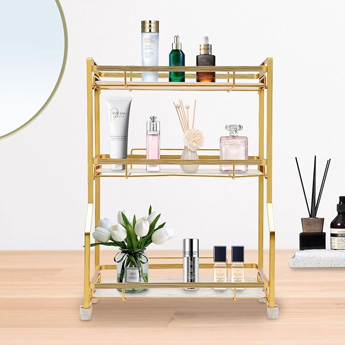 LYNICESHOP 3 Tier Bathroom Countertop Organizer, Gold and White Modern Vanity Organizer with Small Storage Baskets, Skincare, Perfume - Spaace Saving, Easy Assembly, Non-Slip (12.6x6.5in)