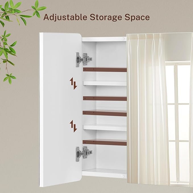 TEENFON Medicine Cabinet Mirror with 2 Doors, Mount or Recessed Bathroom Wall Cabinet, Bathroom Mirror with Storage 3 Adjustable Shelves, White, 27.6 x 22.1 inch