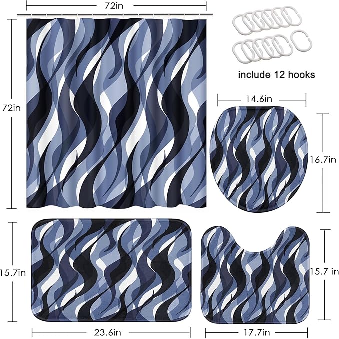 Blue Shower Curtain Set with Toilet Lid Cover and Non-Slip Rugs for Bathroom, Geometric Lines Ombre 4 Pcs Shower Curtain, Simple Abstract Modern Bathroom Set with 12 Hooks