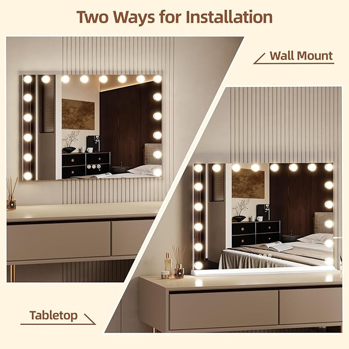 Memobarco Vanity Mirror with Lights, Makeup Mirror with USB/Type-C Charging, Large Hollywood Mirrors w/ 18 LED Bulbs & 5X Magnifier, LED Mirrors for Bedroom Tabletop & Wall Mounted